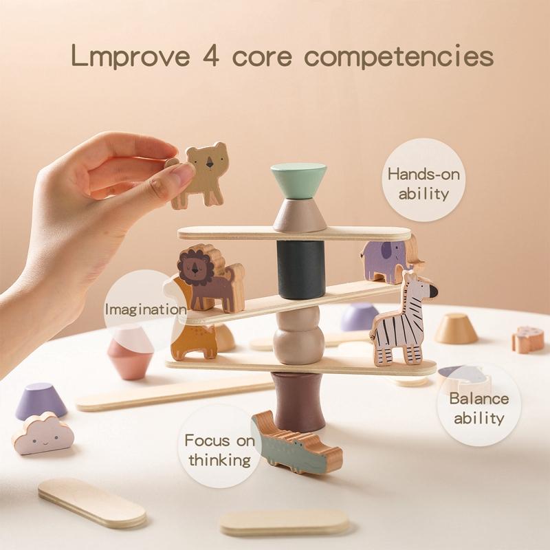 Kid Montessori Toy Baby Wooden Animal Stacking Toys Balance Blocks Board Game Educational Balance Stacking Blocks Toy Baby Gifts