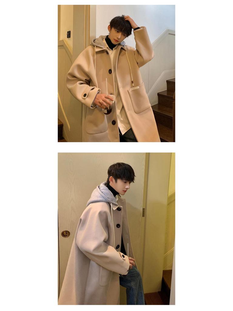 Men's Mid-Length Woolen Hooded Coat - Autumn/Winter Style, Over-The-Knee, Trendy High-End Thick Windbreaker