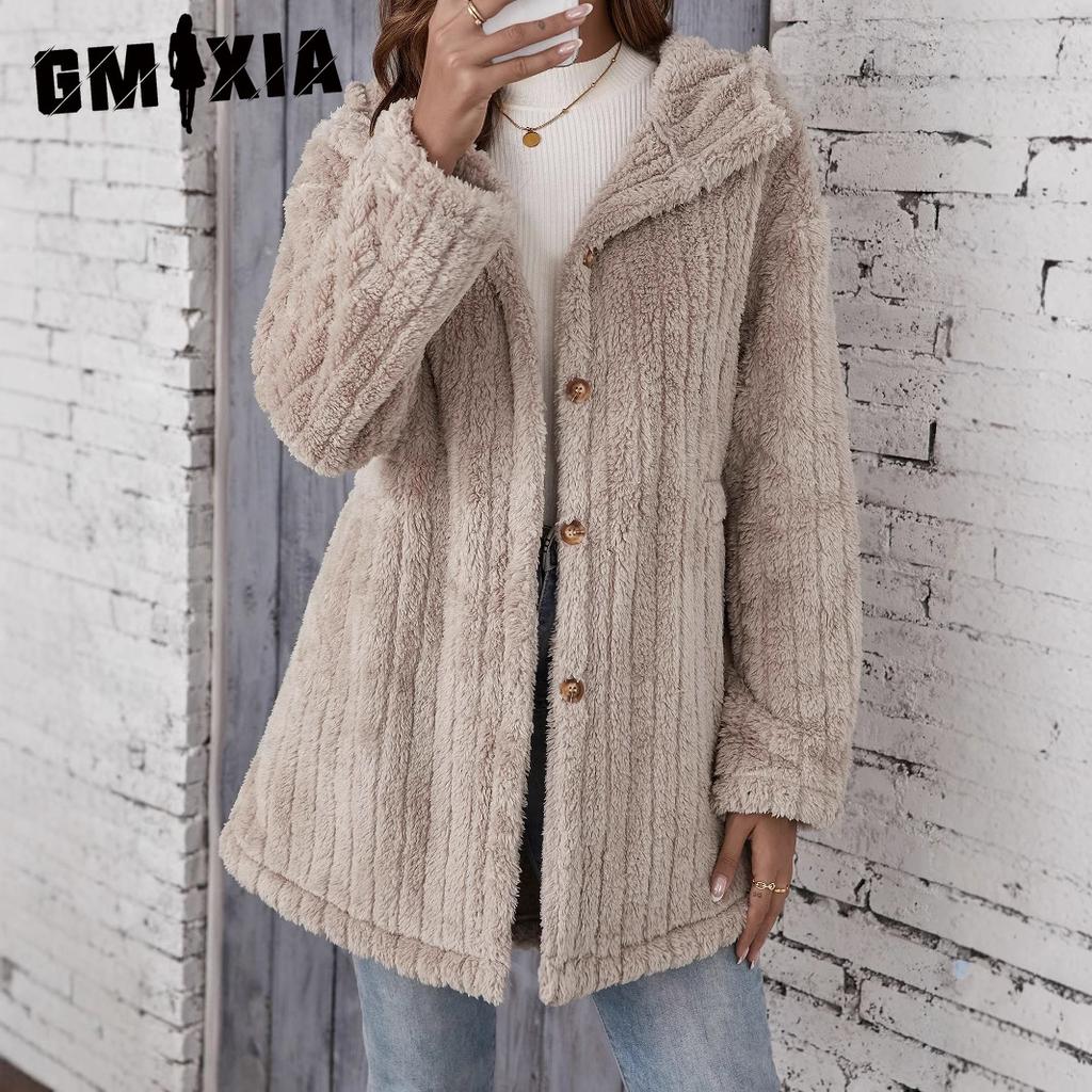 GMXIA Autumn and Winter Thickened Plush Striped Embossed Button Cardigan Hooded Jacket