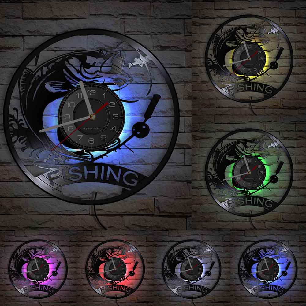 Gone Fishing Wall Art Sign Fish Rod Fisherman Wall Clock Interior Fishing Vinyl Record Wall Clock Handmade Gift For Fishermen