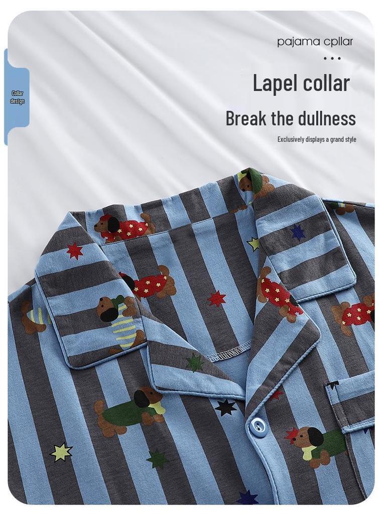 Men's Long Sleeve Striped Sausage Dog Pajamas - Pure Cotton, Spring/Autumn, Wearable Outdoors, Teen Sizes Available