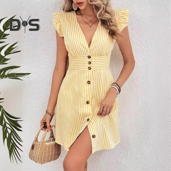 Women's Striped Print Dress Summer Button Front Short A Line Dress Ruffle Cap Sleeve V-Neck Mini Party Dress