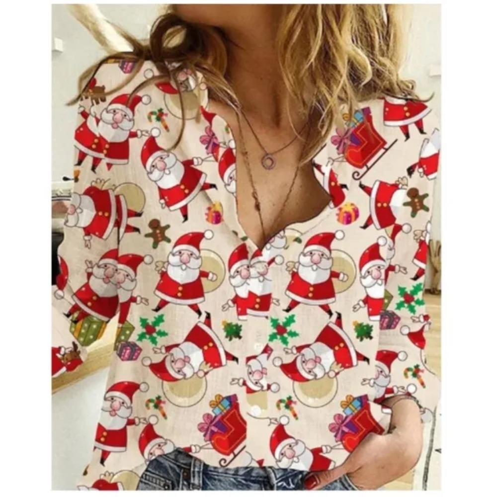 Women's Long Sleeve Shirts Sweet Cute Christmas Santa Claus Print Turn-down Collar Button Shirt Autumn New Streetwear Clothing