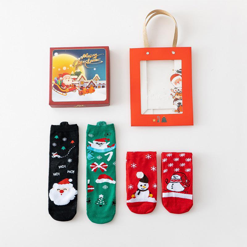 Damen Baumwolle Cartoon Weihnachtsmann Schneeflocke Mittelwaden-Socken, Weihnachtsgeschenk in Geschenkbox