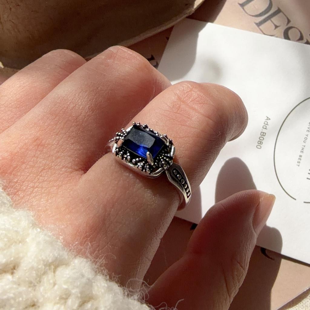 925 Sterling Silver Rings For Women Geometric Fine Jewelry Finger Adjustable Vintage Blue Stone Ring For Party Birthday Gift