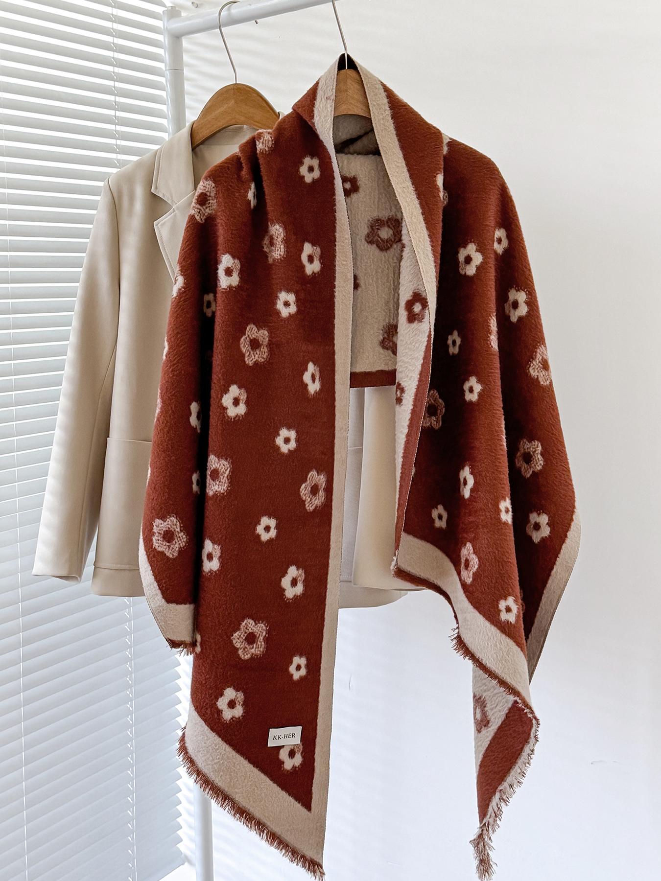 

Unisex Warm Faux Cashmere Winter Scarf Trendy Floral Print Irregular Two-Way Wear Soft Neckerchief For Functional Style