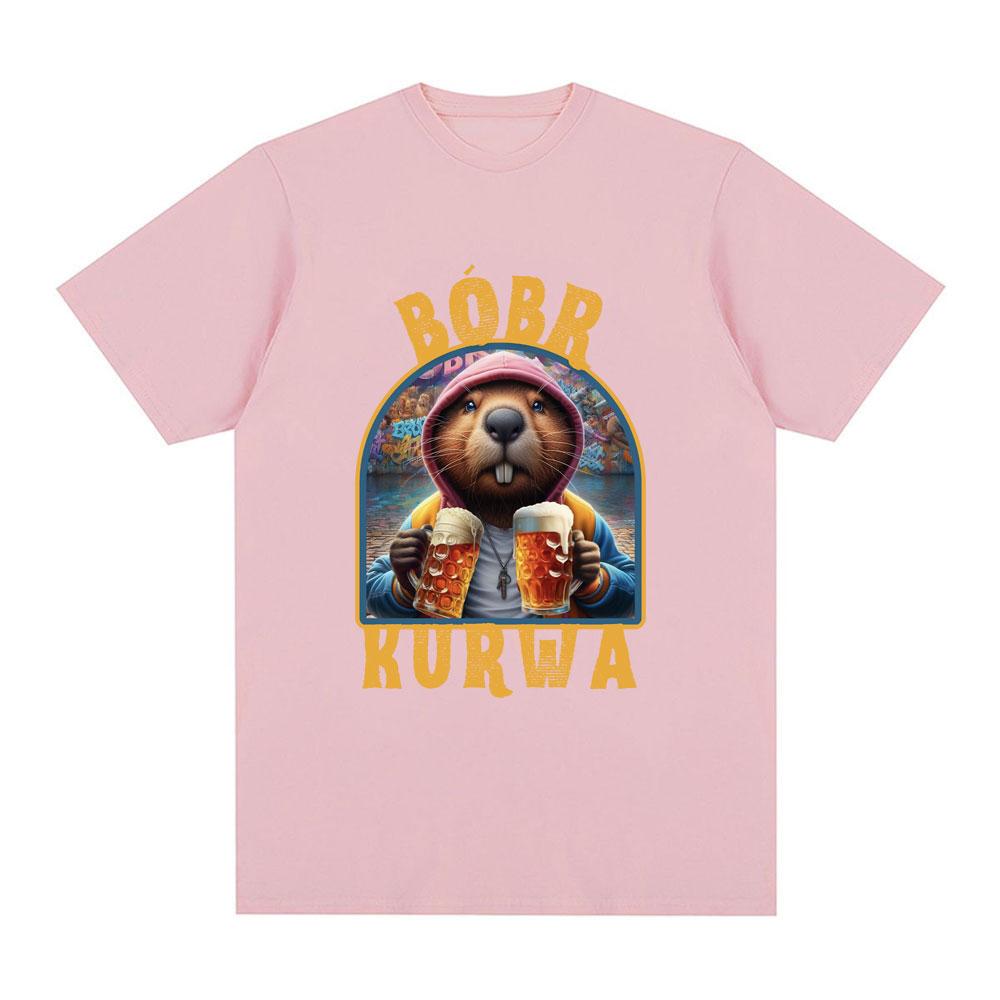 Bober Kurwa Bobr T-shirt Funny Beaver Drinking Beer Meme T shirt Men Women Fashion Hip Hop Loose 100% Cotton T shirts Streetwear
