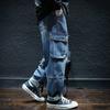 Men's Cargo Jeans Washed Denim Multi Pocket Knee Seam Loose Fit Cuffed Hem Streetwear Pants