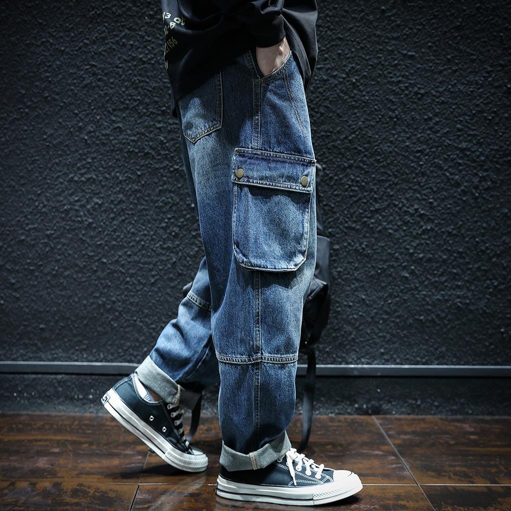 Men's Cargo Jeans Washed Denim Multi Pocket Knee Seam Loose Fit Cuffed Hem Streetwear Pants