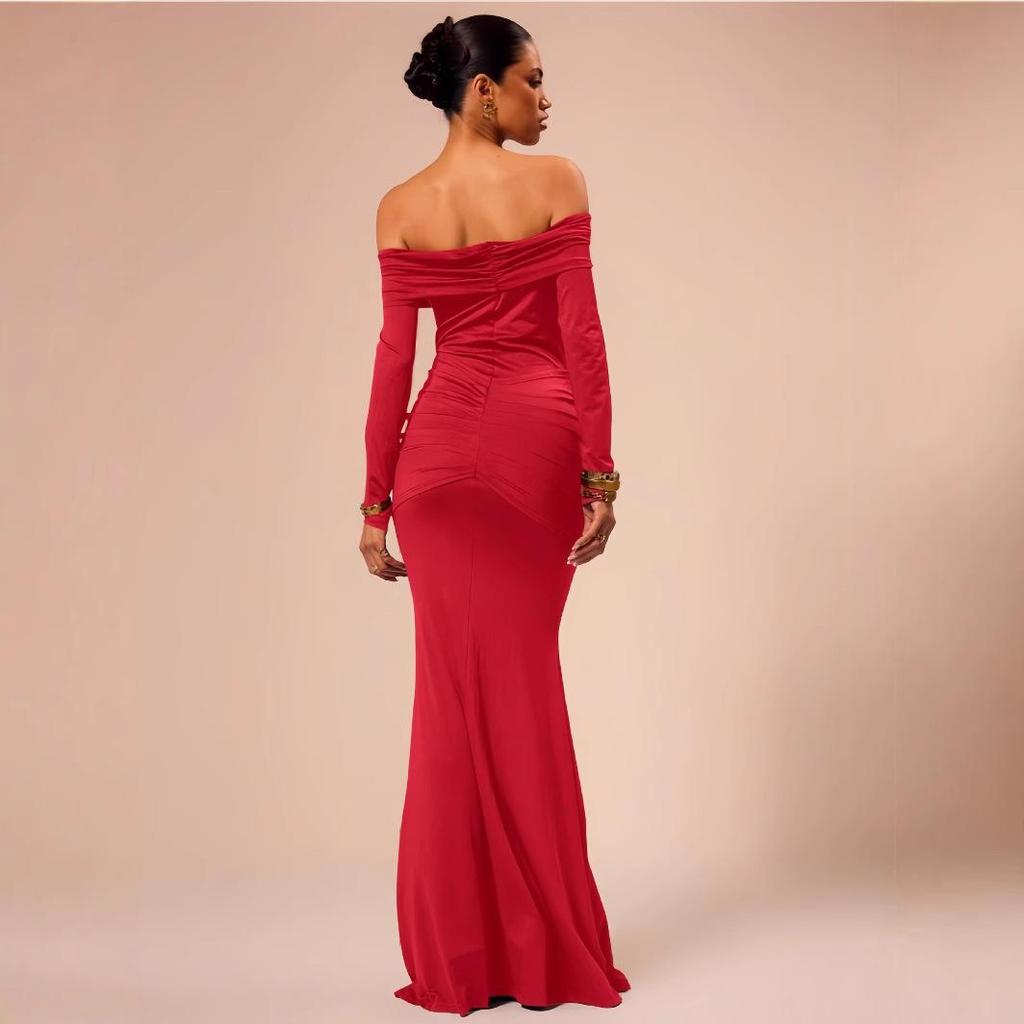 2025 Spring European & American Women's Solid Color One-Shoulder Long Sleeve Slim Fit Dress