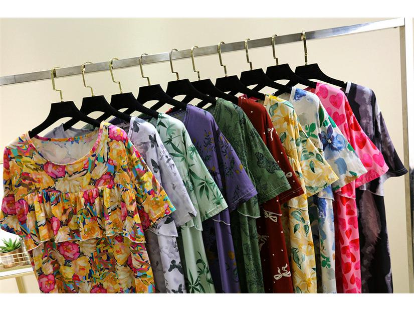 2025 Summer Floral Cotton and Silk Midi Dress - Short Sleeve, Loose Fit Nightgown