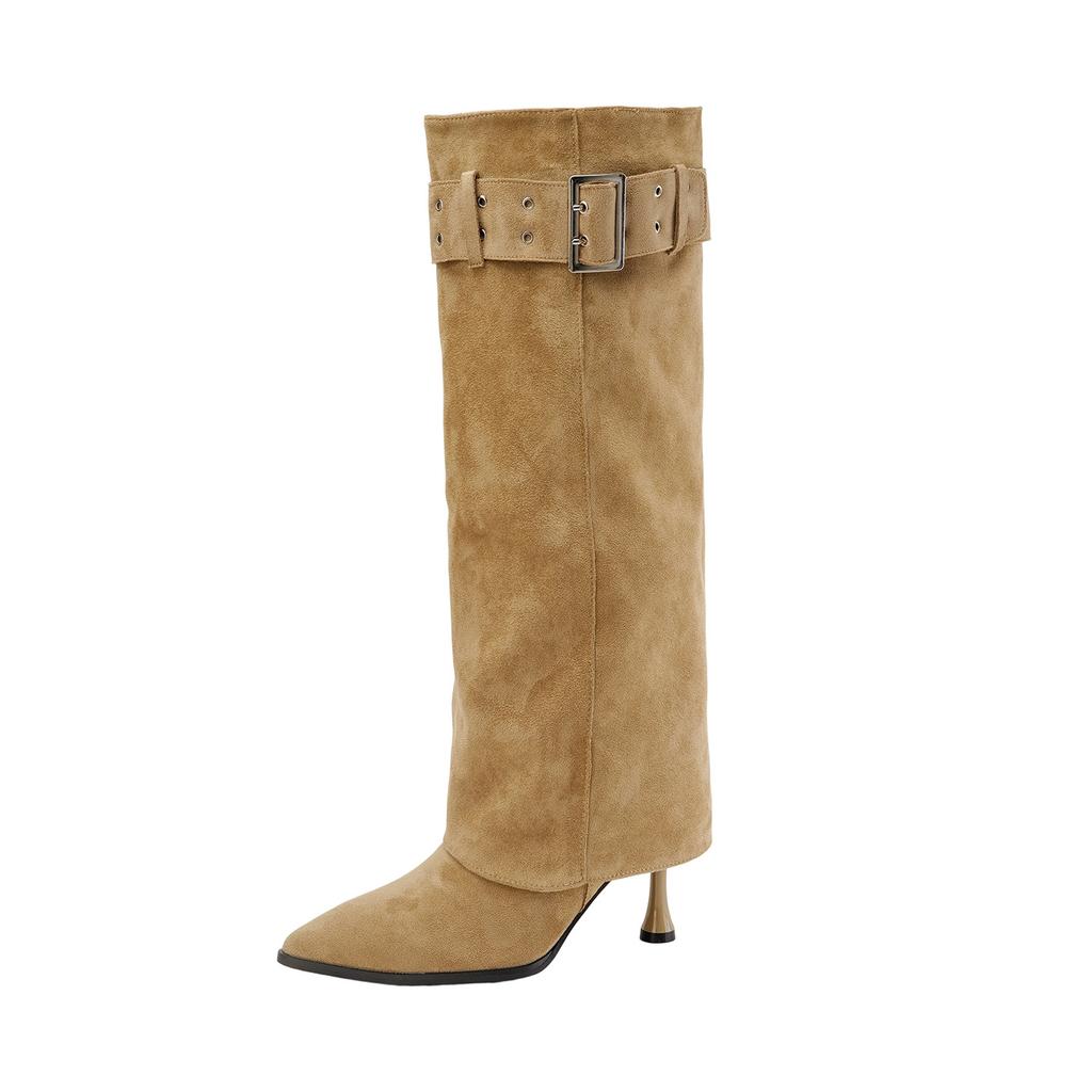 Autumn and winter new pointed-toed thin-heeled thin boots women's stacking boots temperament high-heeled boots pleated thin boots