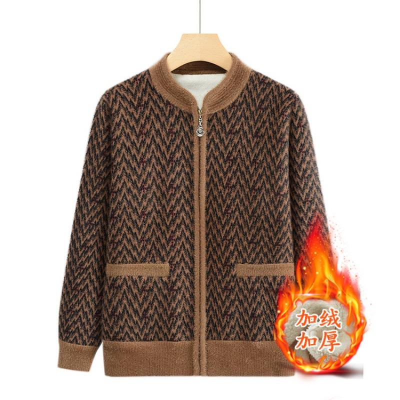 

Mom autumn and winter crew neck cardigan fleece thermal top medium and old loose casual comfortable grandma coat 4XL