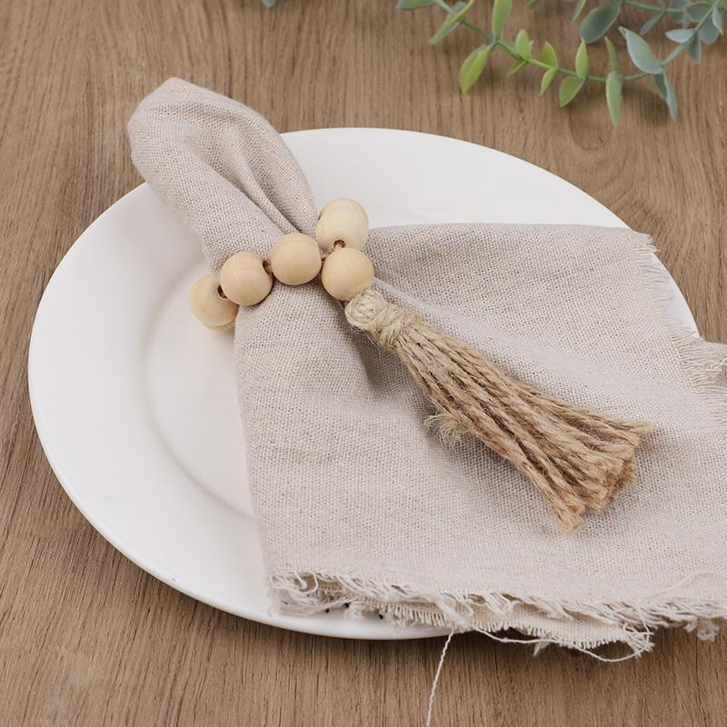 1/12Pcs Wooden Beads Napkin Rings with Tassels Rustic Wedding Table Napkin Holder Buckles Christmas Party Boho Home Decoration