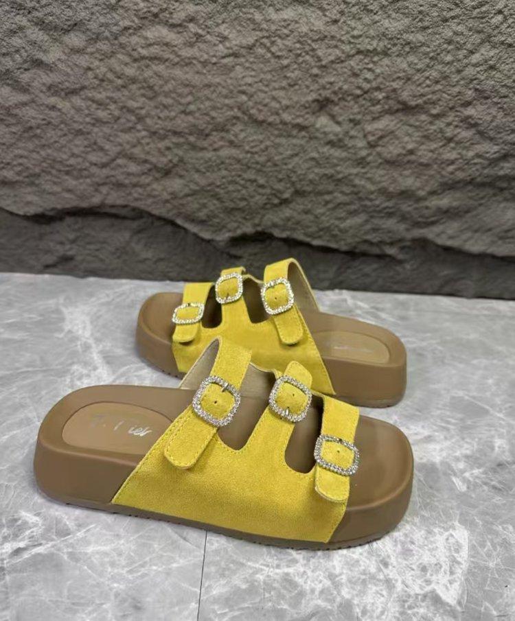 2025 Sommer neue Leder Dicksohlen Strassstein Casual Mattleder Pantoletten Ein-Wort Damenschuhe Vielseitige Mode Damenschuhe