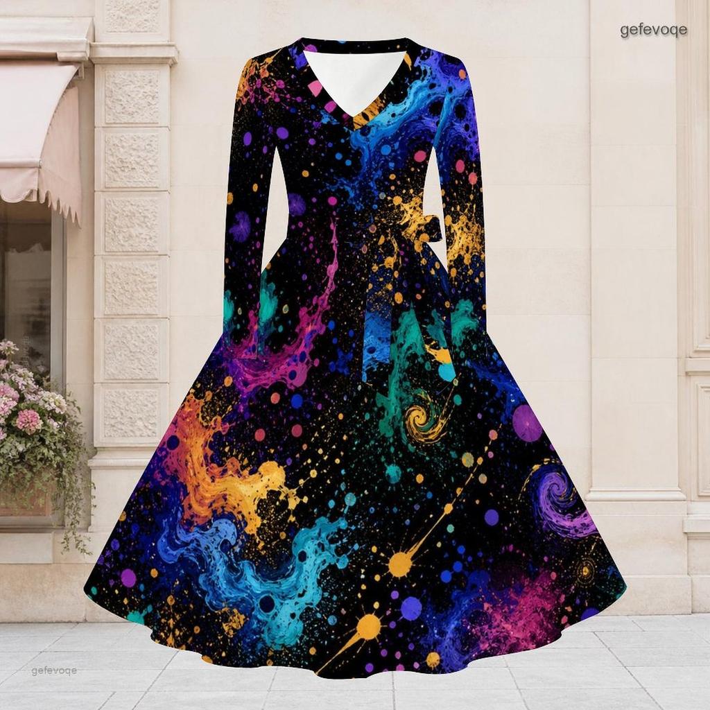 Women Plus Size V Neck Long Sleeve Rainbow Splash Printed Tie Waist A Line Midi Dress