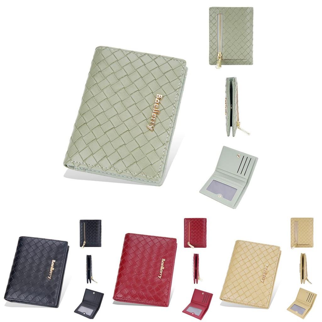 Pu Leather Womens Short Wallet With Weaving Pattern Design And Letter Decor For Daily Use
