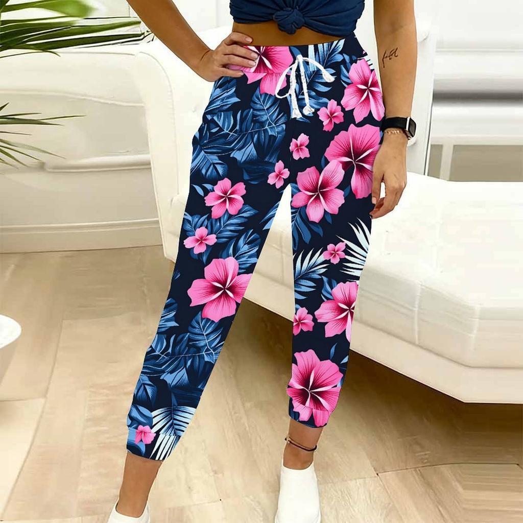 Summer Ladies Geometric Line Printed Sweatpants Loose Fit Drawstring Joggers Elastic Cuff Daily Casual Pants