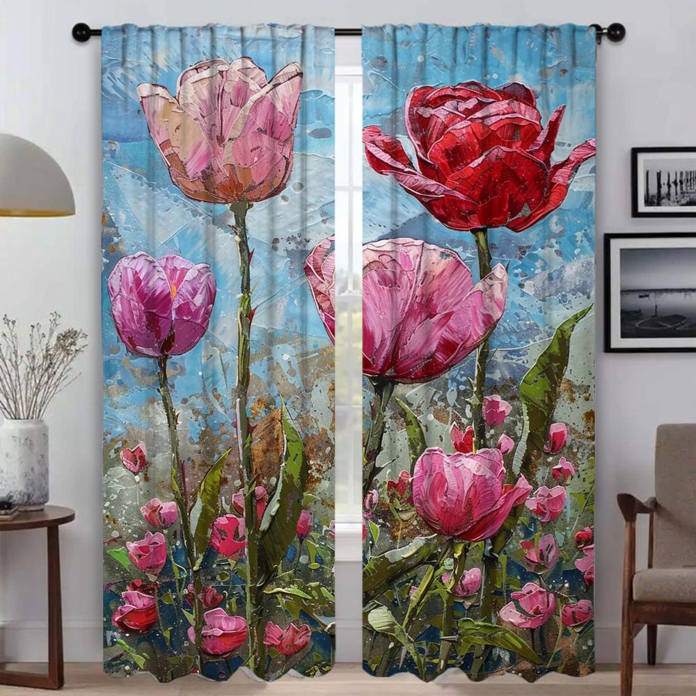 Verdunkelungsvorhang für Zimmer 2 Paneele Rosen und rosa Tulpen Raumteiler Anti-Mücken-Vorhänge 2 Stück Halloween-Dekoration Jalousien