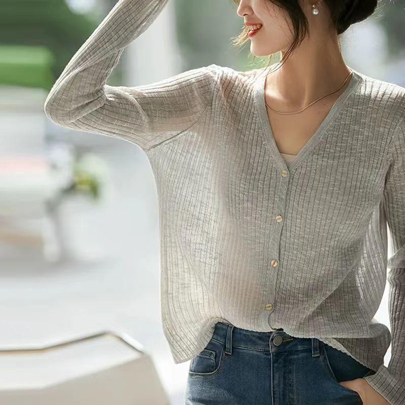 

Женские свитера кардиганы 2025 осень зима длинный рукав V-образный вырез белый вязаный свитер женские топы кардиган JJ167 One Size серый