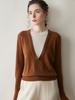 Round Neck Color Block Knit Cashmere Sweater - Loose Slimming Long Sleeve Fake Two-Piece for Autumn/Winter Women