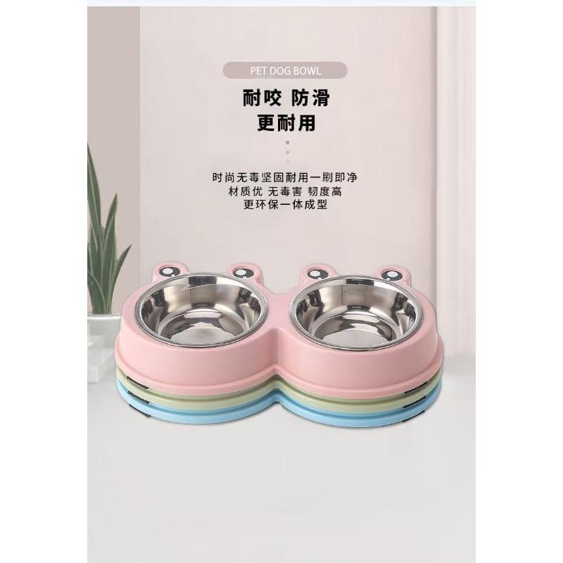 Frog Double Pet Food Bowl For Cat Dog With Stainless Steel Inner Silicone