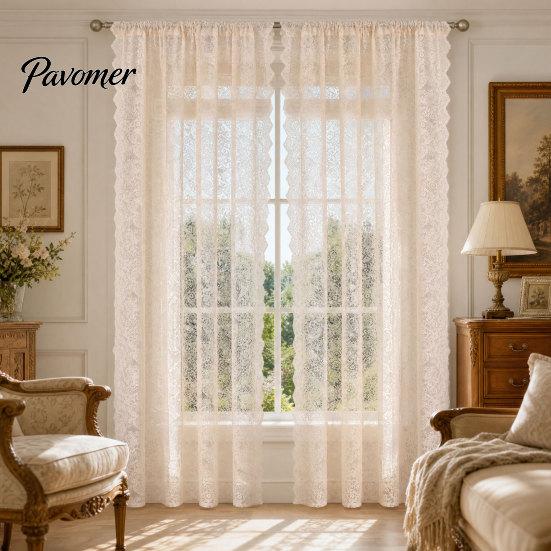 Romantischer Stil Vorhang 1 Panel Transparenter Spitzenvorhang, Vintage Floral mit Stangentasche, Transparente Vorhänge Lichtfilterndes Fenster für Wohnzimmer Schlafzimmer