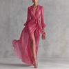 Rochie Maxi Elegantă de Seară pentru Petrecere, cu Decolteu în V, Mânecă Lungă, Stil Wrap, Croială Slim Fit, Talie Medie