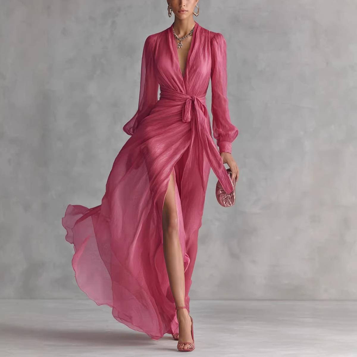 Women s V Neck Long Sleeve Wrap Maxi Dress Slim Fit Mid Waist Elegant Evening Party Dress S
