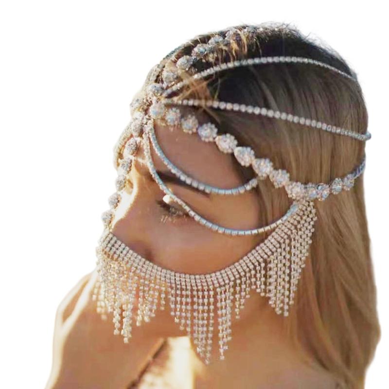 Sparkling Rhinestones Chain Veil Mask Headpiece Headwear For Women Elegant Party Dance Costume Fashion Hair Accessories