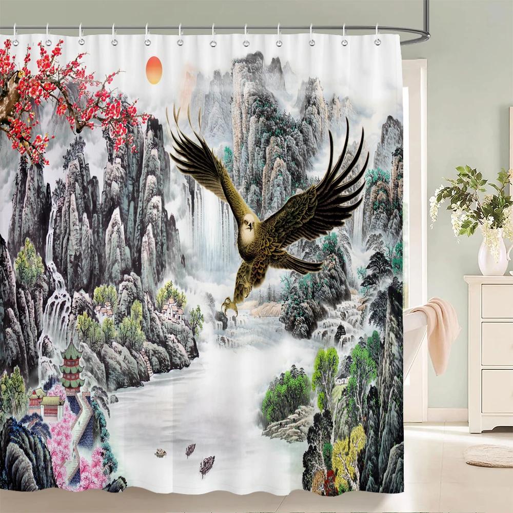 Chinese style Natural Waterfall landscape Shower Curtains Bathroom Curtain Waterproof Polyester Horse Bath Curtain with Hooks