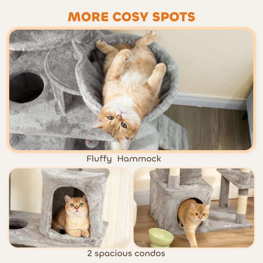 170 Cm Large Cat Tree Cat Tower With 7 Scratching Posts Tunnel 2 Condos Hammock Perch Ramp Pompoms Light Grey