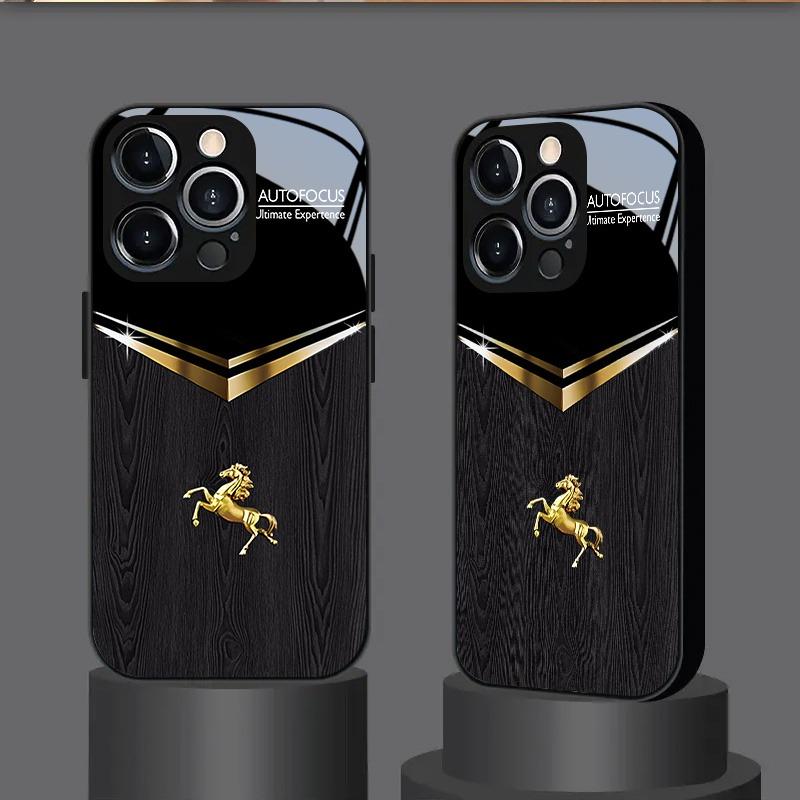 Black Gold Horse Pattern Tempered Glass Black Phone Case For iPhone 17 16 15 14 13 12 11 Pro Max 17 Air 7 8 Plus XR XS X Cover