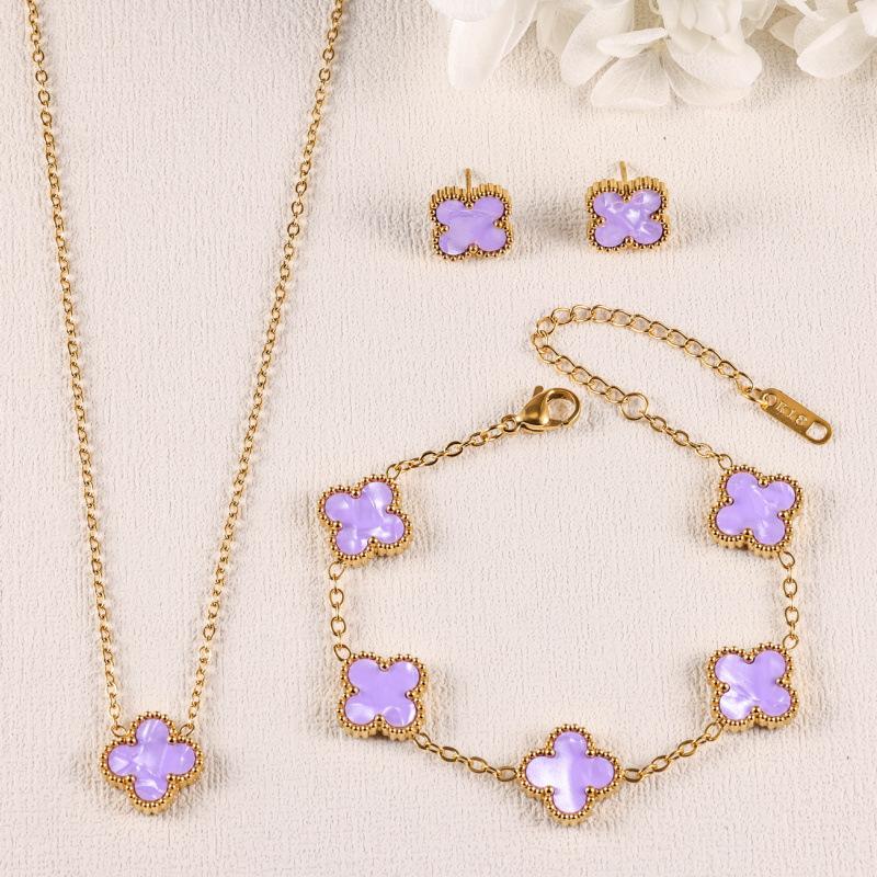Four-leaf Clover Three-piece Necklace Bracelet and Earring Set - A Luxurious Colorful Fashion Jewelry Set