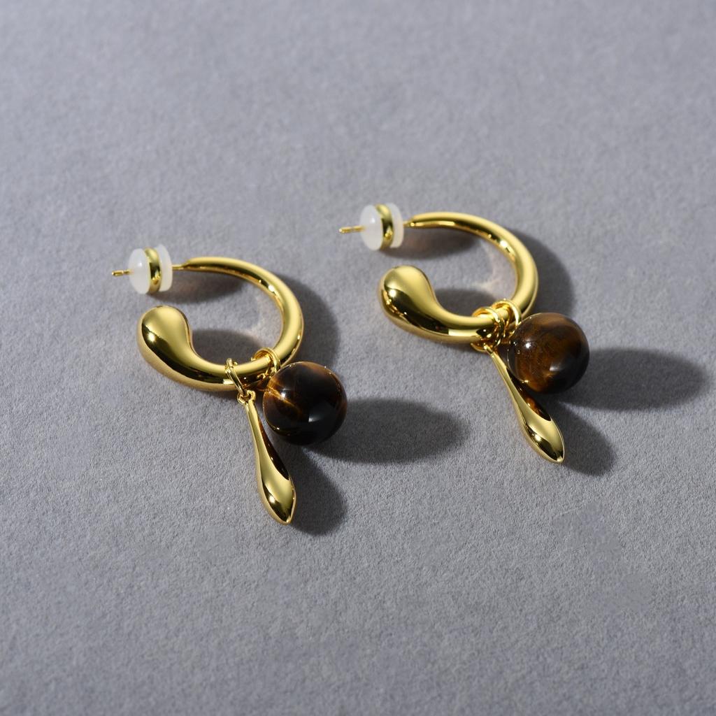 Maillard Wind Ancient Tiger'S Eye Pendant Earrings S925 Silver Needle Earrings Retro Niche Design Earrings