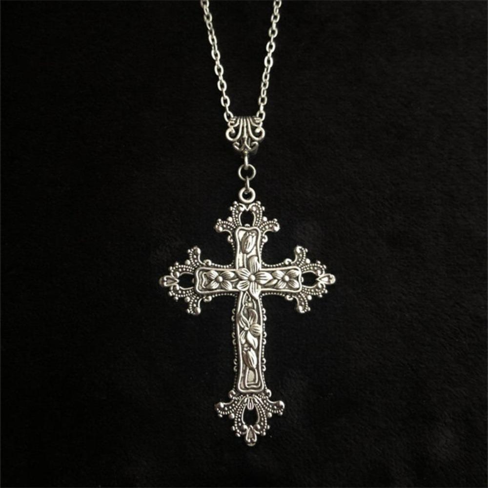 Gothic Victoria Silver Color Lacework Relief Flowers Large Cross Pendant Necklace for Men Women Halloween Punk Jewelry Accessory