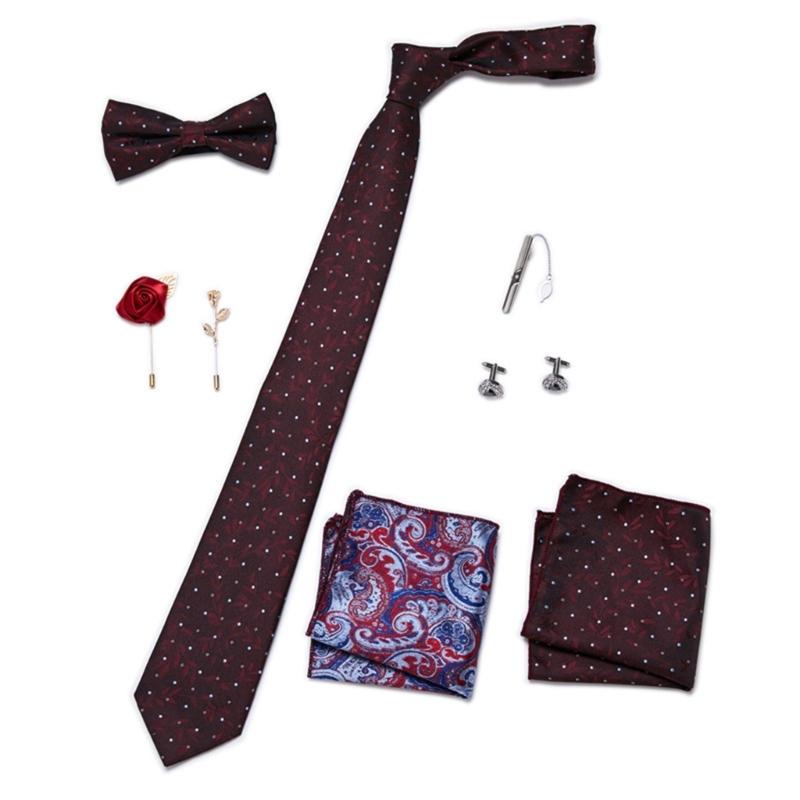 Pack of 9 Men's Floral Tie Set with Pocket Square Tie Clip Brooch Accessories for Formal Occasion Holiday Gift Supply