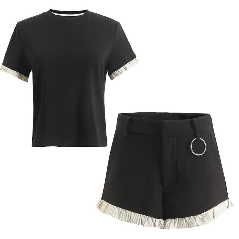 Chic Niche Design Loose Shoulder Short Sleeve T-shirt Contrast Color Stripes Lace Shorts Casual All-Match Suit