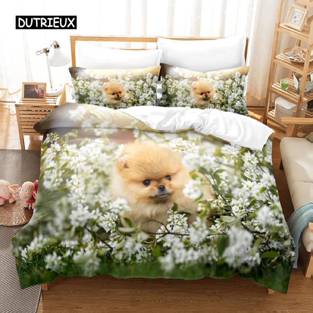 Pommersches Bettbezug-Set Tier Hunde Bettwäsche-Set 3D Niedliche Haustier-Bettwäsche für Teenager Doppel Queen King Size Polyester Steppdeckenbezug