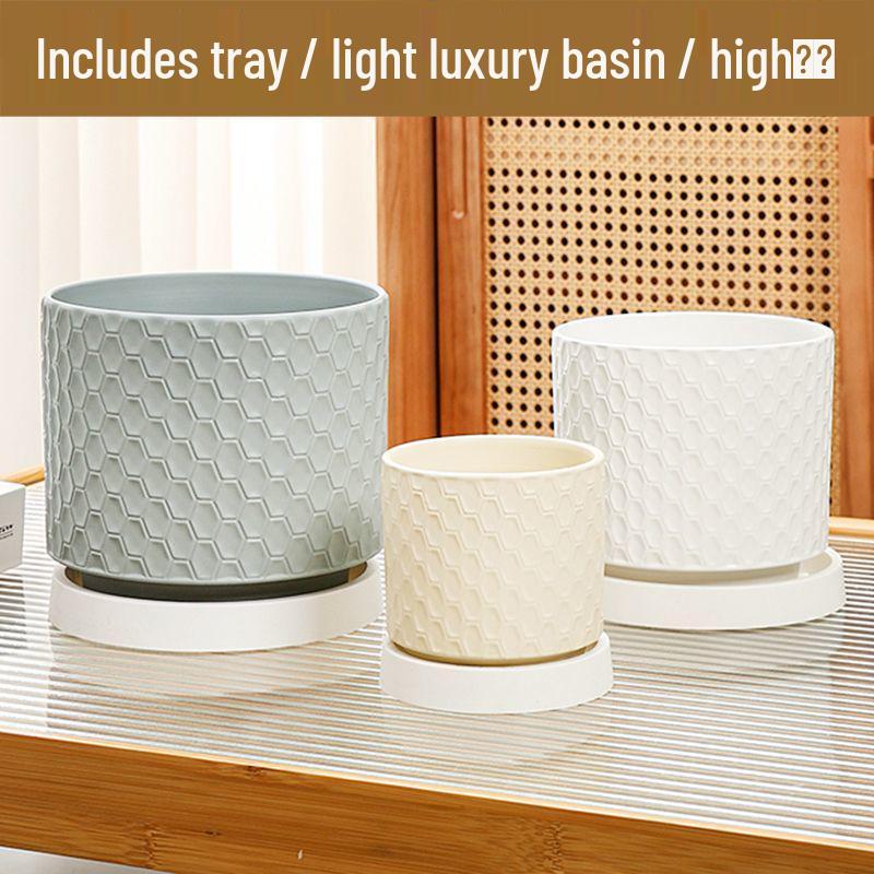 Elegant Large Ceramic Flower Pot with Saucer for Home - Light Luxury Style Ideal for Orchids, Succulents, and Green Plants