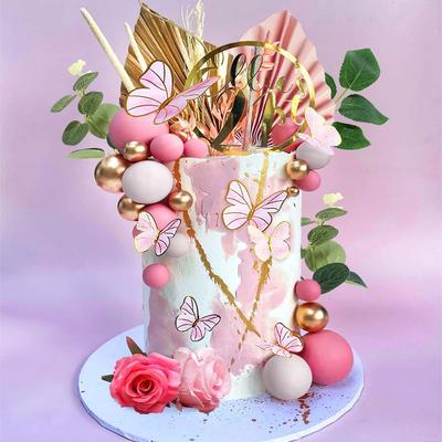 Bohemian Pink Happy Birthday Cake Decoration, Party Dessert Table Decoration, Pink Gold Cake Ball
