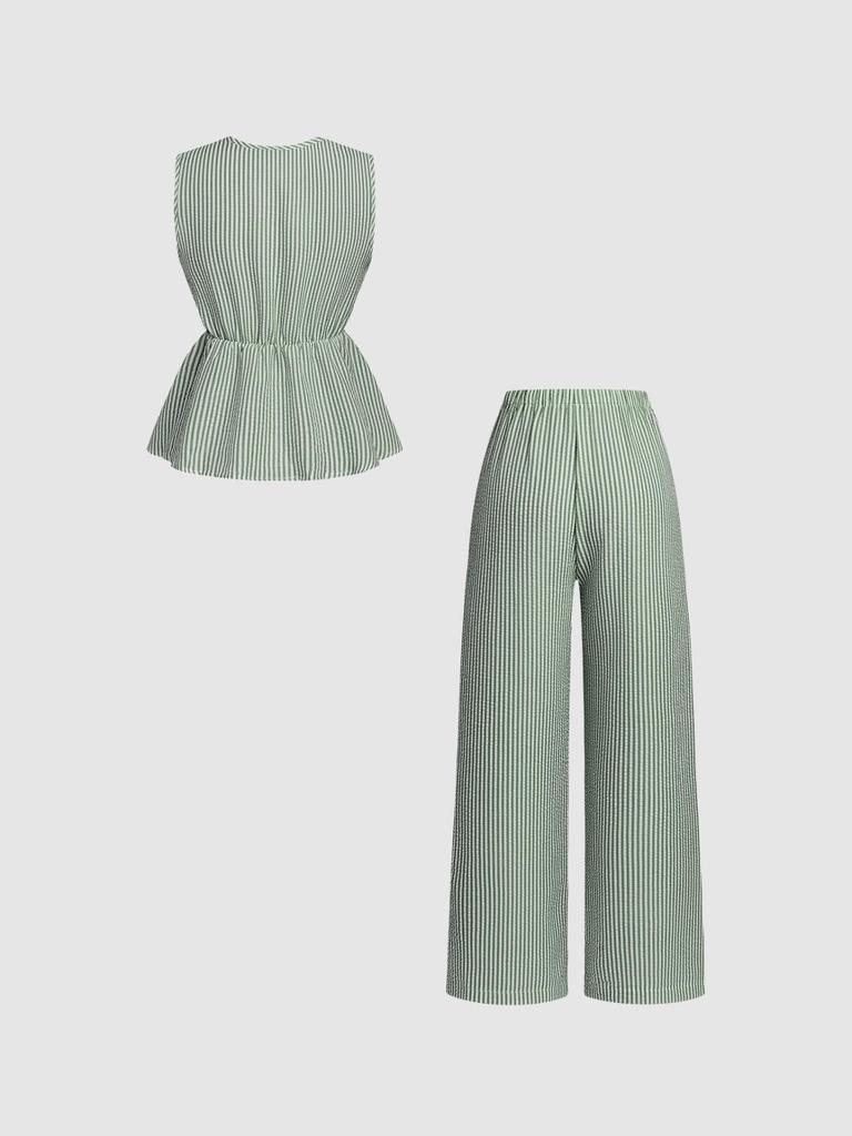 Summer Striped Casual Set: Color Block Vest & Solid Long Pants