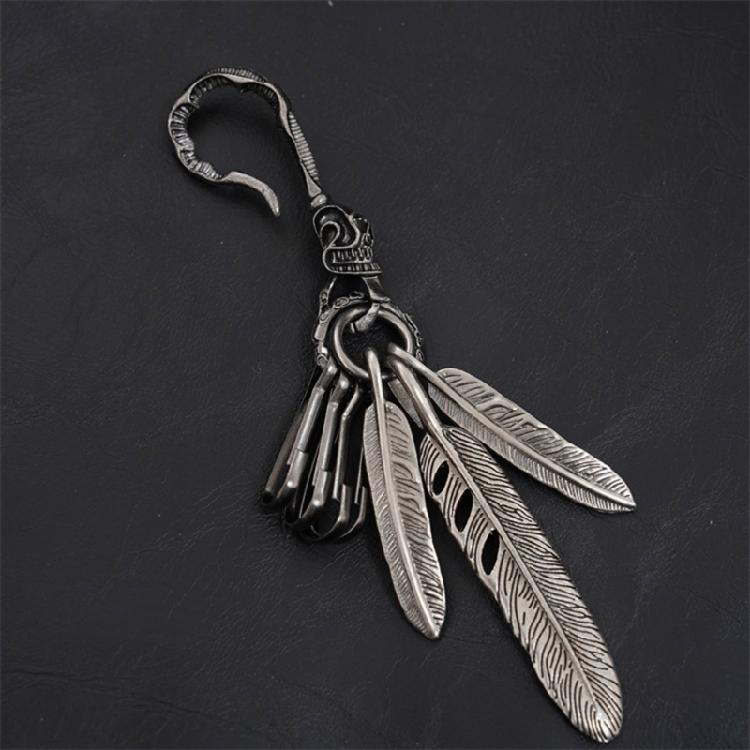 Distinctive Feather Keychain Charm In Antique Silver With Turquoise for Individualistic Fashion Statements Pieces
