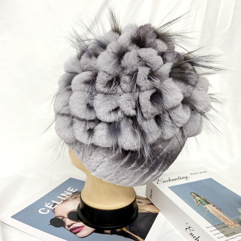 New Natural Rabbit Fur Hats for Women Striped Floral Fox Fur Beanies Female Winter Warm Knitted Outdoor Thick Snow Caps Beanies