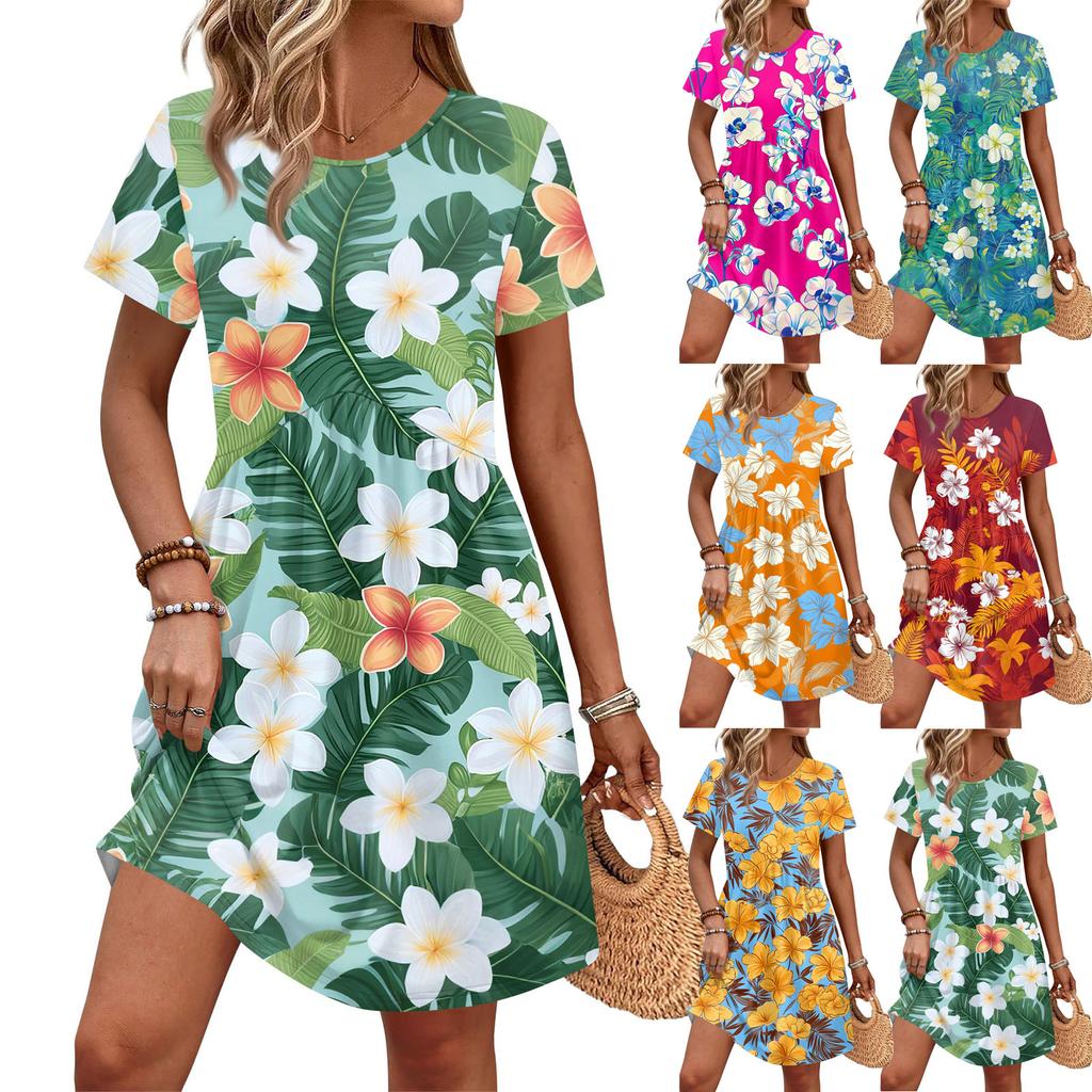 Dresses For Women Short Sleeve Print Round Neck Casual Dresses Waist Dress With Pockets