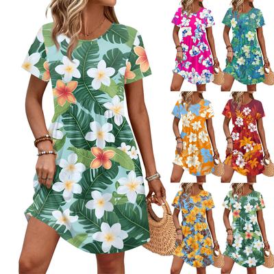 Dresses For Women Short Sleeve Print Round Neck Casual Dresses Waist Dress With Pockets