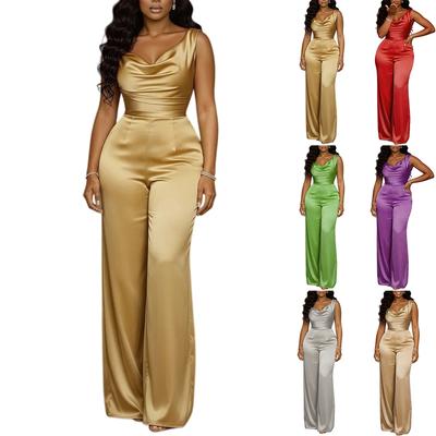 Sleeveless Satin Jumpsuit for Women Elegant Wide Leg One Shoulder Formal Party Outfit with Fitted Waist Design