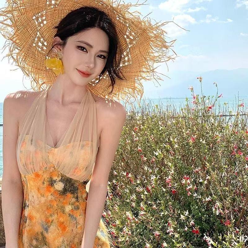 Monet Garden Yellow Neck Dress Oil Painting Dress Dopamine Island Bright Beach Seaside Vacation