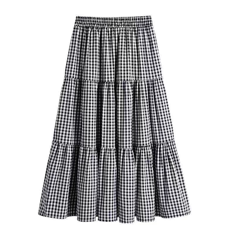 

Qooth Plaid A-Line Midi Skirt Full Flare Umbrella Vintage Check Skirt Slimming for Women QT2904 One size чёрный