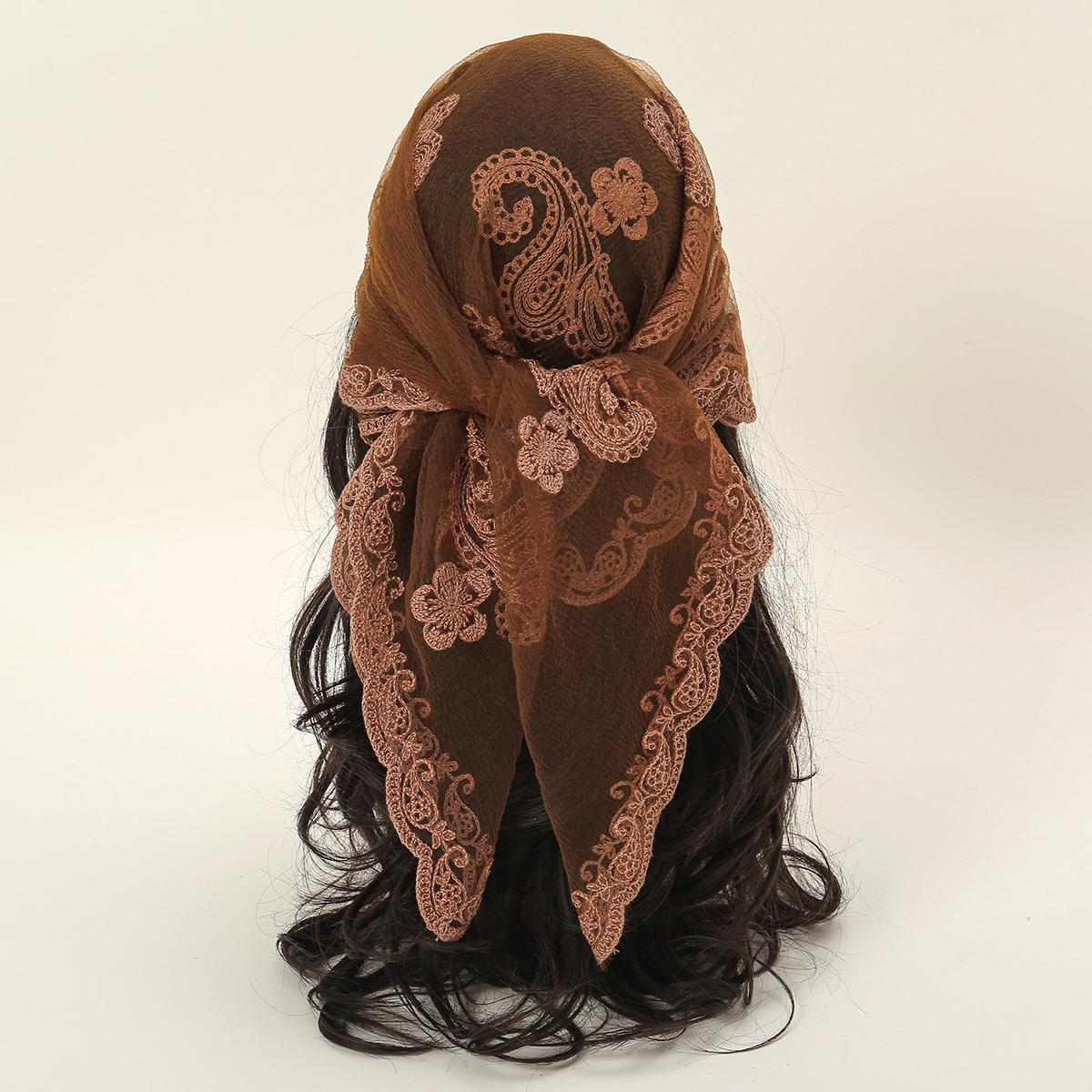 Modegarn Quadratischer Schal Blumenstickerei Spitze Stirnband Sommer Atmungsaktiges Bandana Für Frauen Eleganter Turban Haarwickel 80*80cm brown